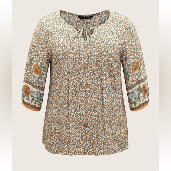 BoomChic 3XL Boho Print Pleated Button Detail Tie Neck Blouse us22-24 - Picture 6 of 7